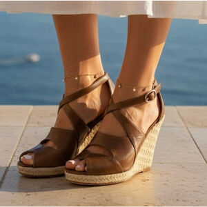 Alexandre Birman Brown Leather Raffia Wedge Sandals Size 38.5